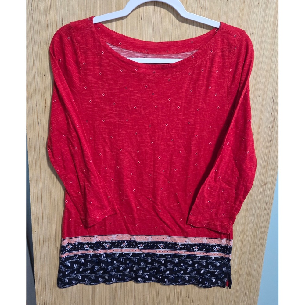 Loft Outlet Red Slub Knit 3/4 Sleeve Top Women Small Border Print Boat Neck